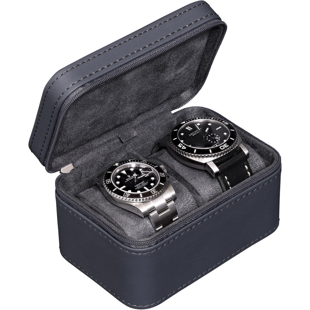 ROTHWELL 2 Watch Travel Case for Men | Compact PU Leather Protective Box with Microsuede Interior | Fits Watches & Smartwatches Up to 55mm (Carbon)