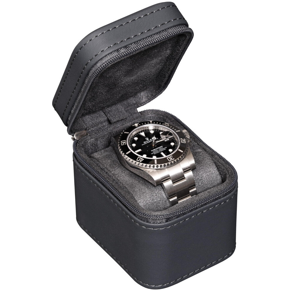 ROTHWELL Single Watch Travel Case | Compact PU Leather Protective Box with Microsuede Interior | Fits Watches & Smartwatches Up to 55mm (Carbon)