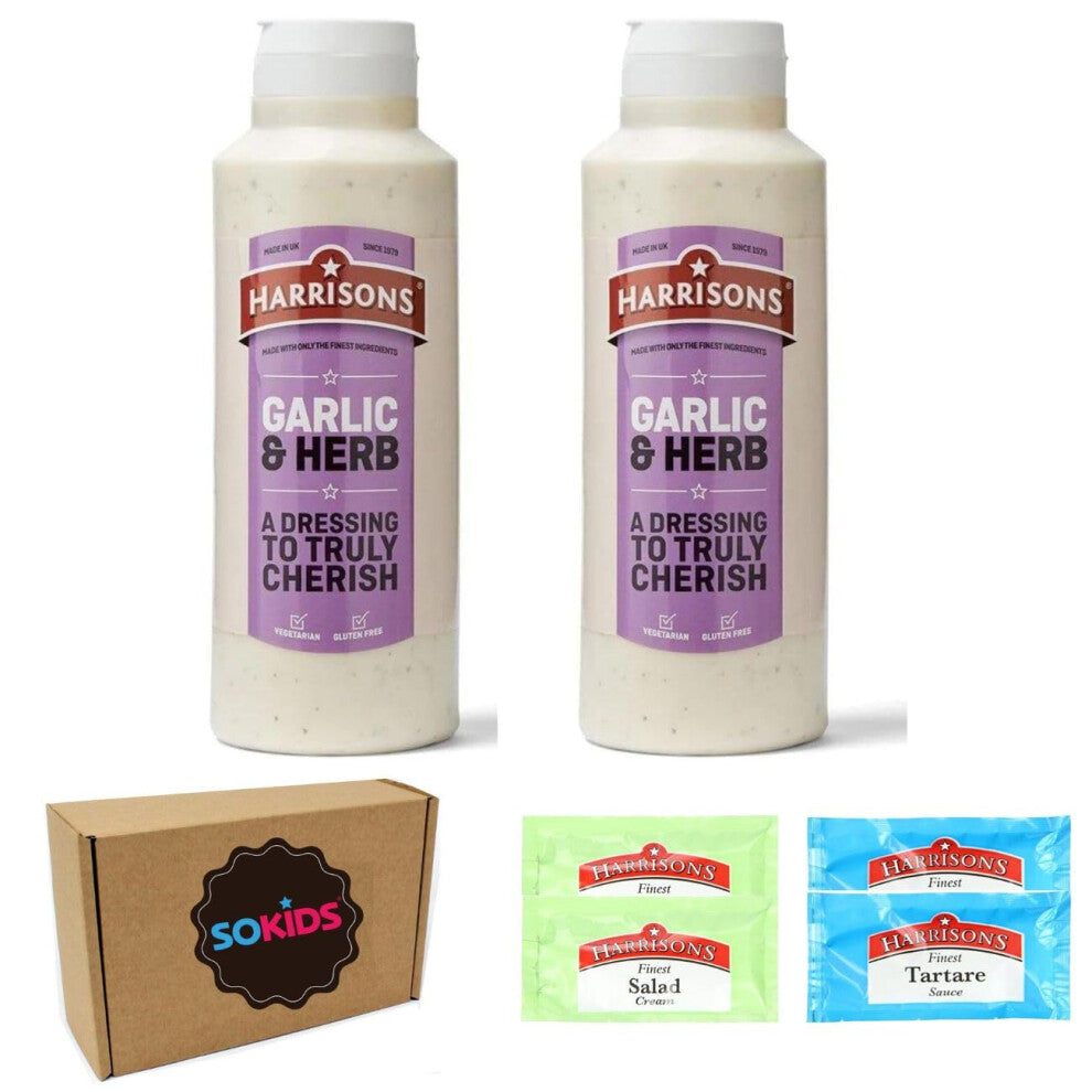 Harrison Garlic and Herb Sauce – Pack of 2 Garlic Sauce Bottles 1 Liter Each – 5 Sachets of Salt and Pepper - No Artificial Color or Flavor –