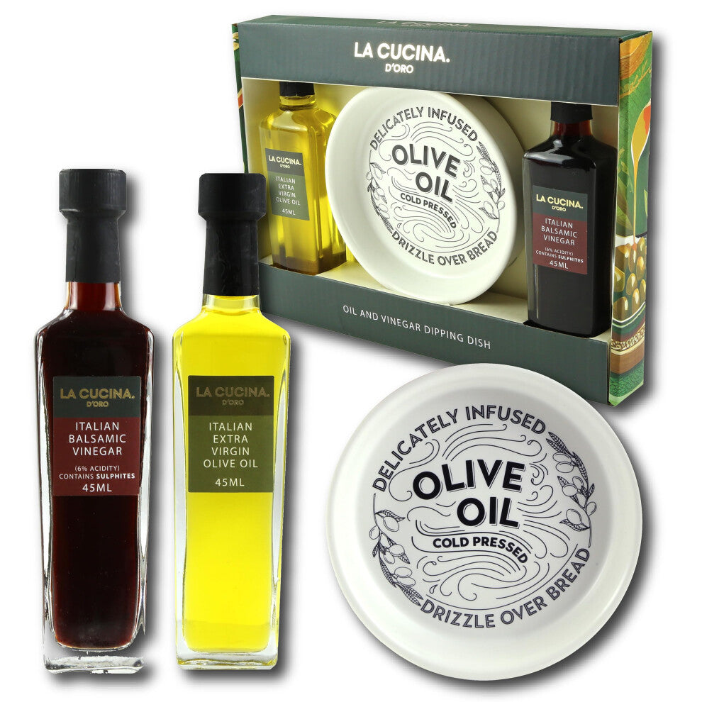 Luxury Italian Olive Oil Gift Set with Ceramic Dipping Dish - Includes Italian Extra Virgin Olive Oil & Balsamic Vinegar - Authentic Italian Cooking