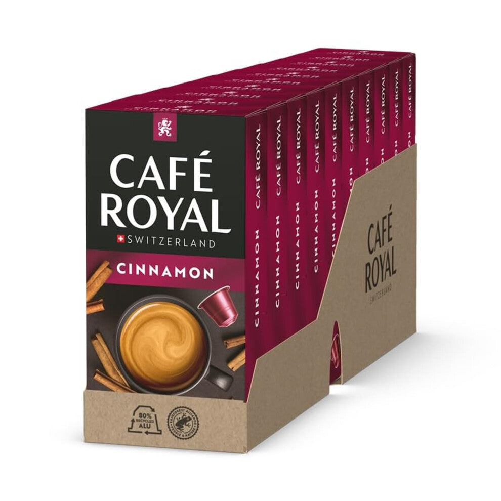 Café Royal, Cinnamon Flavoured coffee, 100 Nespresso (R) compatible capsules, 80 percent recycled Aluminium, Rainforest Alliance certified, 100