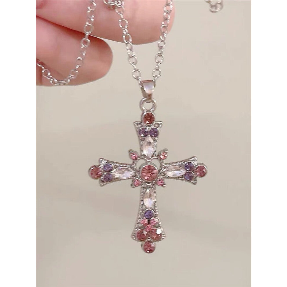 (Cross necklace pink) Cross necklace, female craftsman's diamond-encrusted necklace, collarbone chain