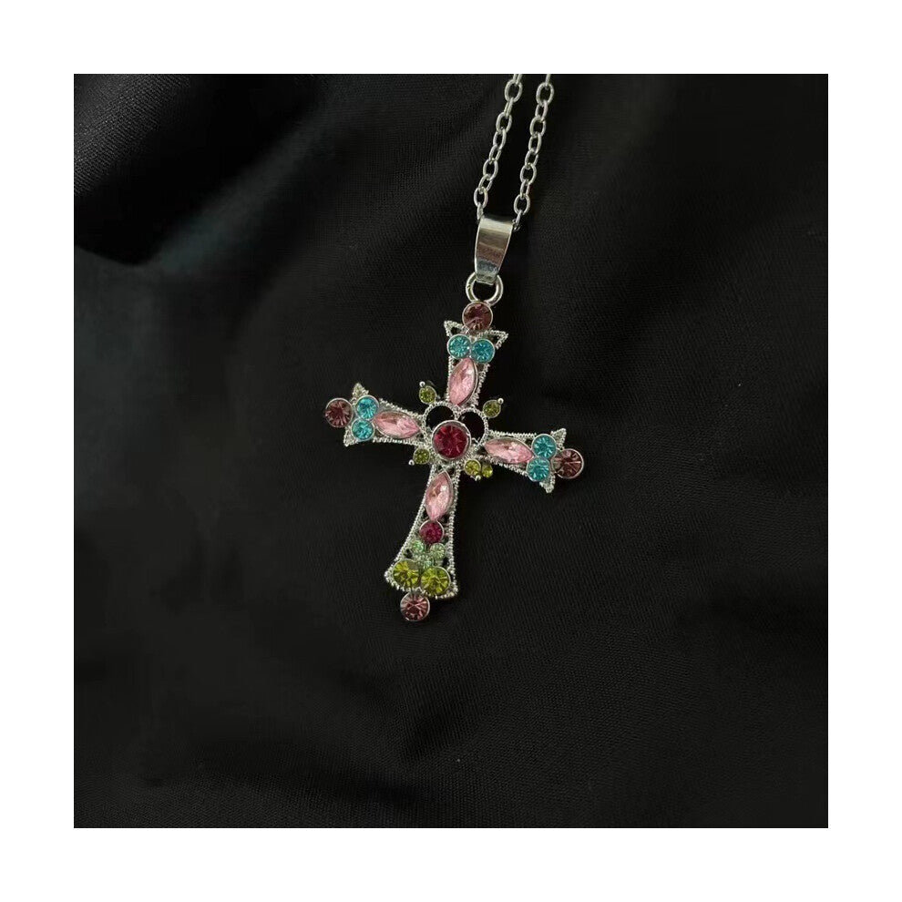 (Cross necklace, green) Cross necklace, female craftsman's diamond-encrusted necklace, collarbone chain