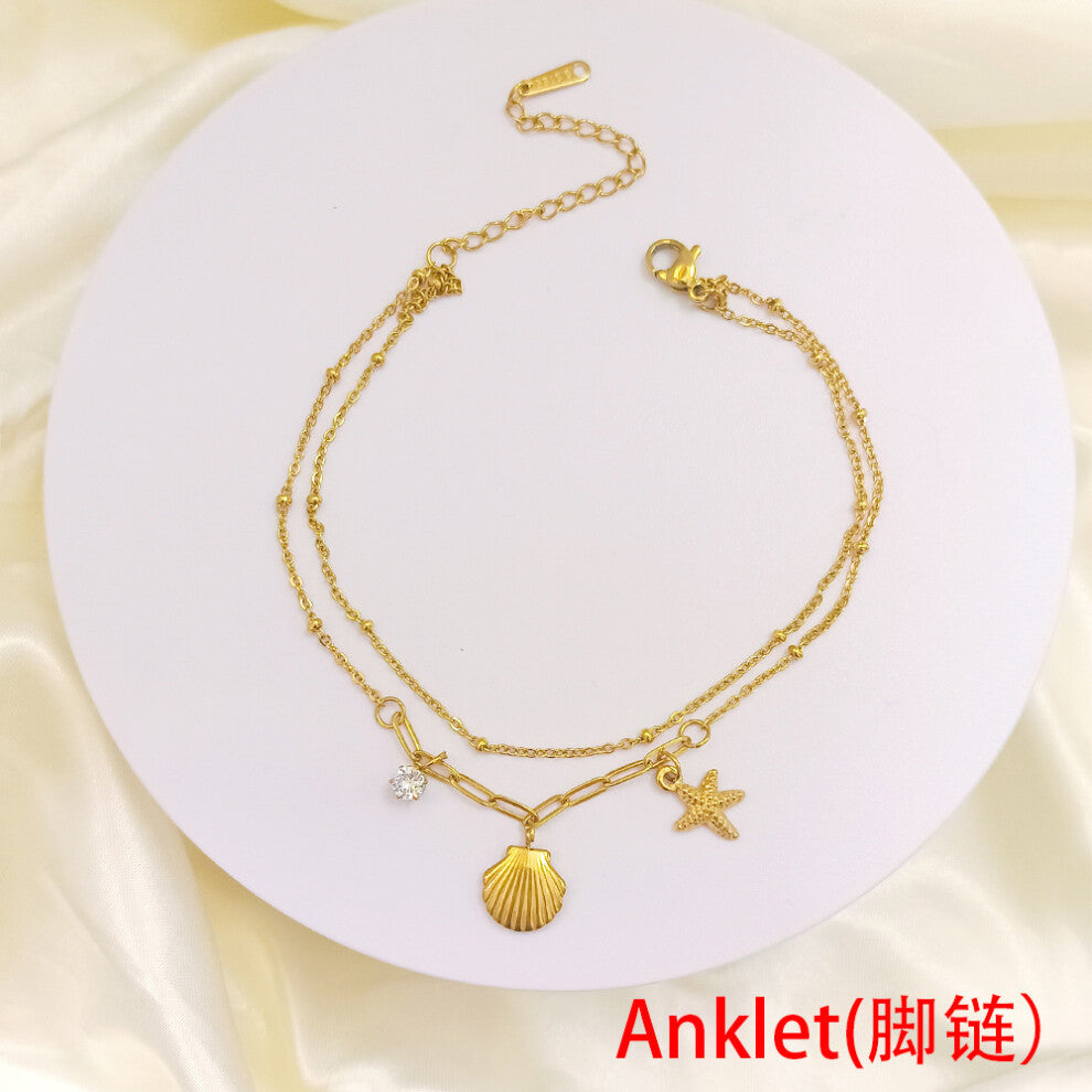 (YC [B40] Shell Starfish Anklet [Gold]) A high-end golden shell starfish water diamond necklace for women, a collarbone chain and a neck chain, a shor