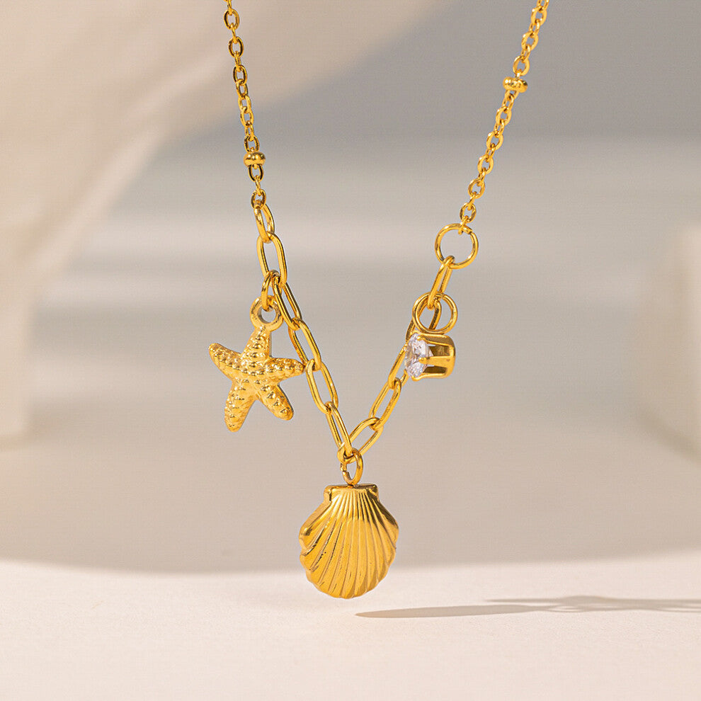 (YC [H219] Shell Starfish Necklace [Gold]) A high-end golden shell starfish water diamond necklace for women, a collarbone chain and a neck chain, a s