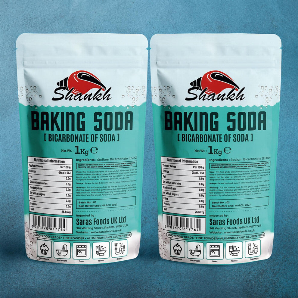 Shankh Baking Soda - 1kg (Pack of 2) | Food-Grade Sodium Bicarbonate | Multi-Purpose | Ideal for Baking, Cleaning, Deodorizing & More