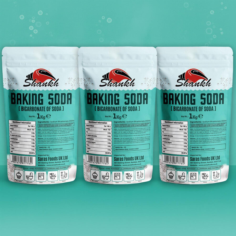 Shankh Baking Soda - 1kg (Pack of 3) | Food-Grade Sodium Bicarbonate | Multi-Purpose | Ideal for Baking, Cleaning, Deodorizing & More