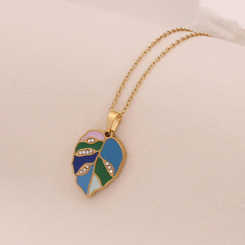 (1# Blue) 【 Ice Cute 】 Multi-color oil-dripping leaf pendant necklace, fashionable stainless steel collarbone chain, versatile necklaces