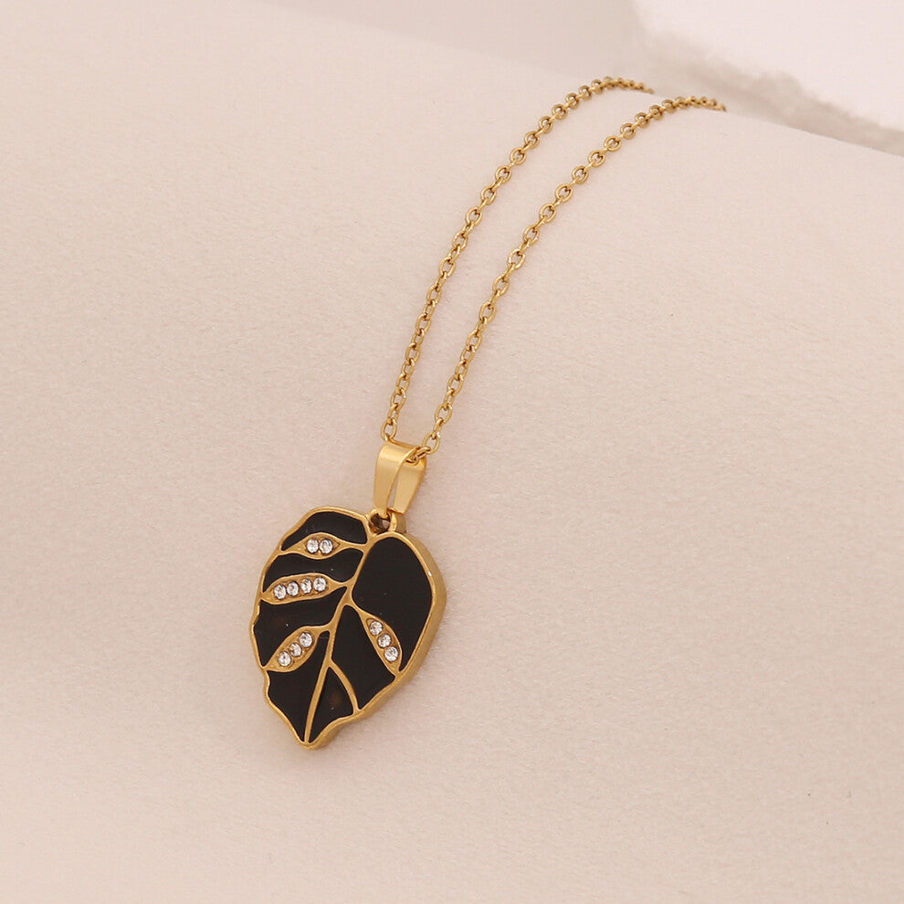 (2# Black) 【 Ice Cute 】 Multi-color oil-dripping leaf pendant necklace, fashionable stainless steel collarbone chain, versatile necklaces