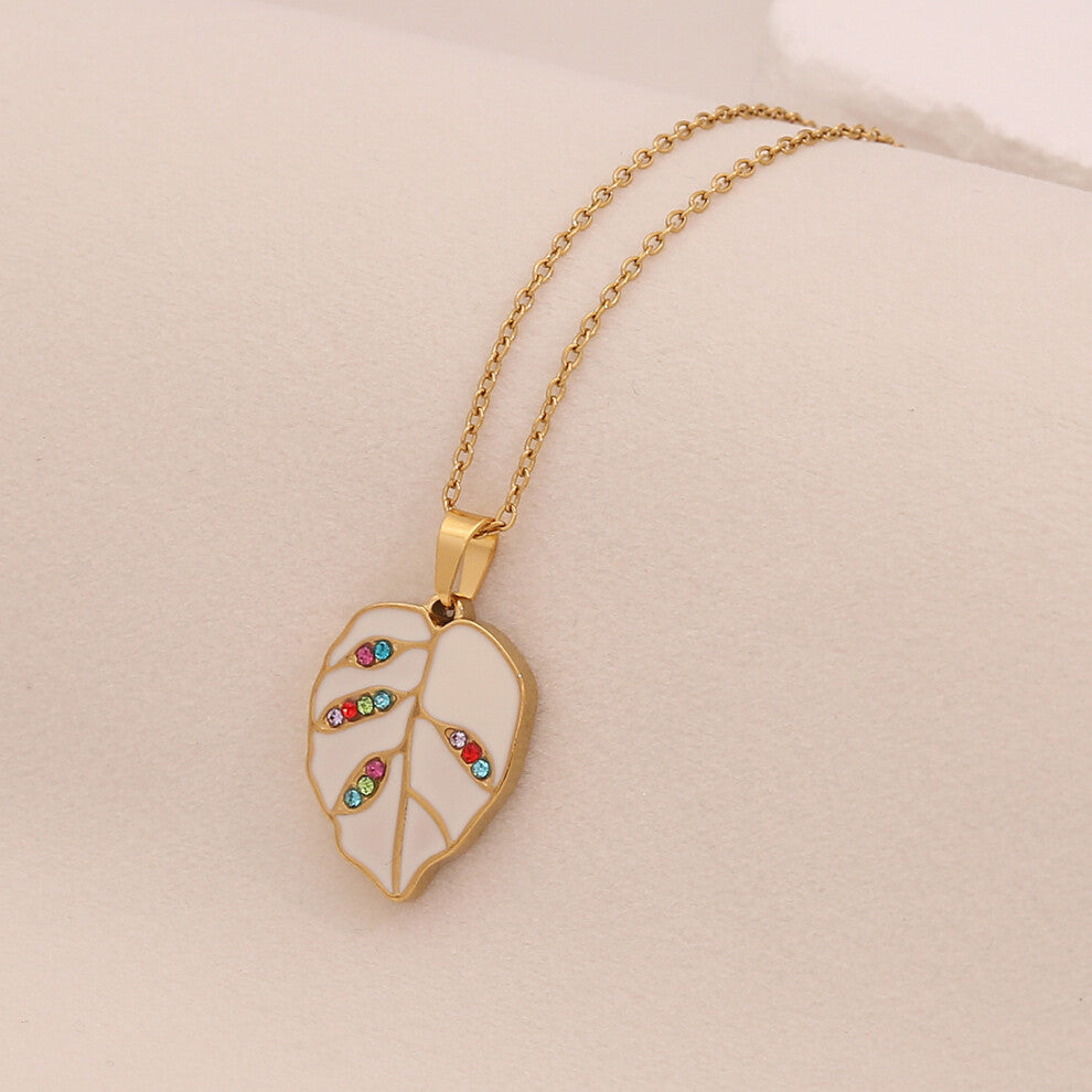 (3# White) 【 Ice Cute 】 Multi-color oil-dripping leaf pendant necklace, fashionable stainless steel collarbone chain, versatile necklaces