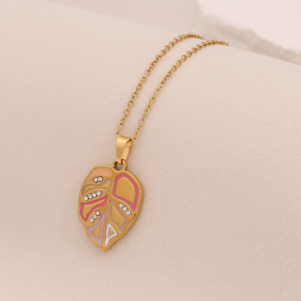 (4# Pink) 【 Ice Cute 】 Multi-color oil-dripping leaf pendant necklace, fashionable stainless steel collarbone chain, versatile necklaces