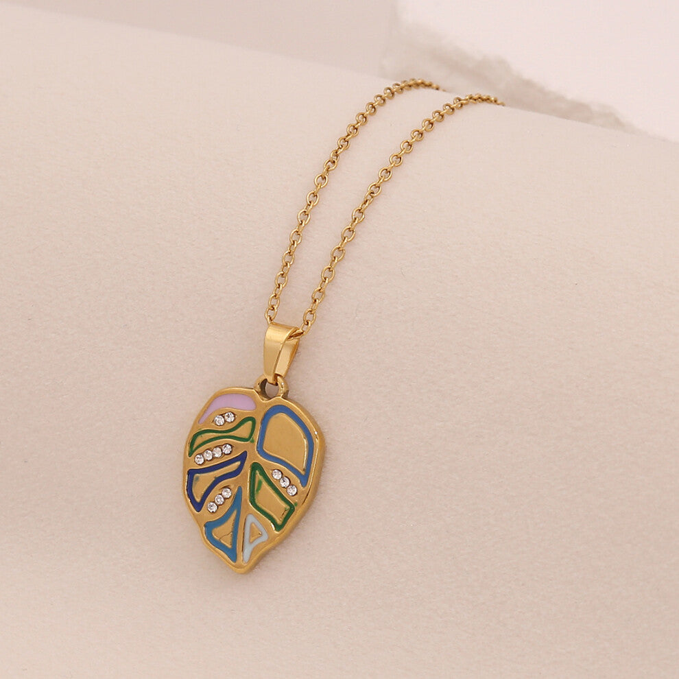 (5# Green) 【 Ice Cute 】 Multi-color oil-dripping leaf pendant necklace, fashionable stainless steel collarbone chain, versatile necklaces