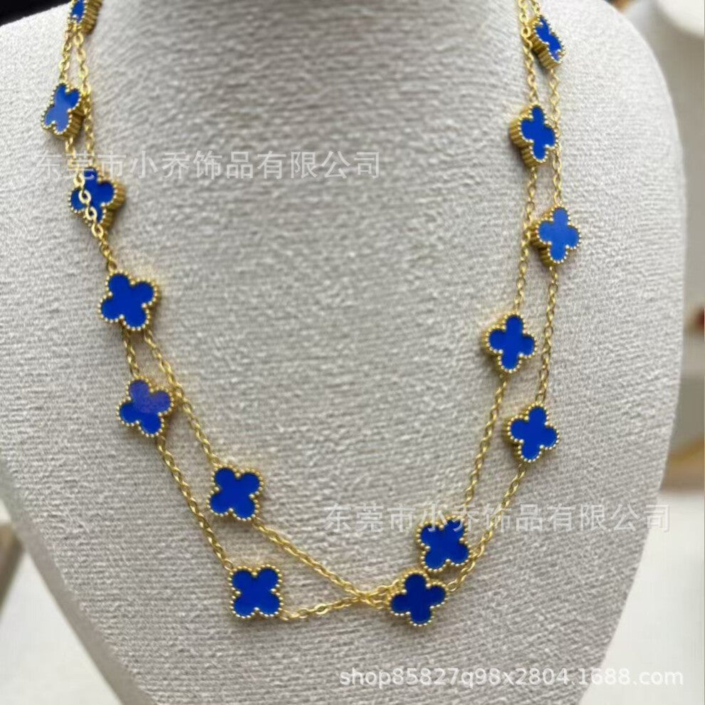(Blue 20-flower necklace) Lucky four-leaf clover necklace, a fashionable and light luxury 18K gold collarbone chain necklace for women