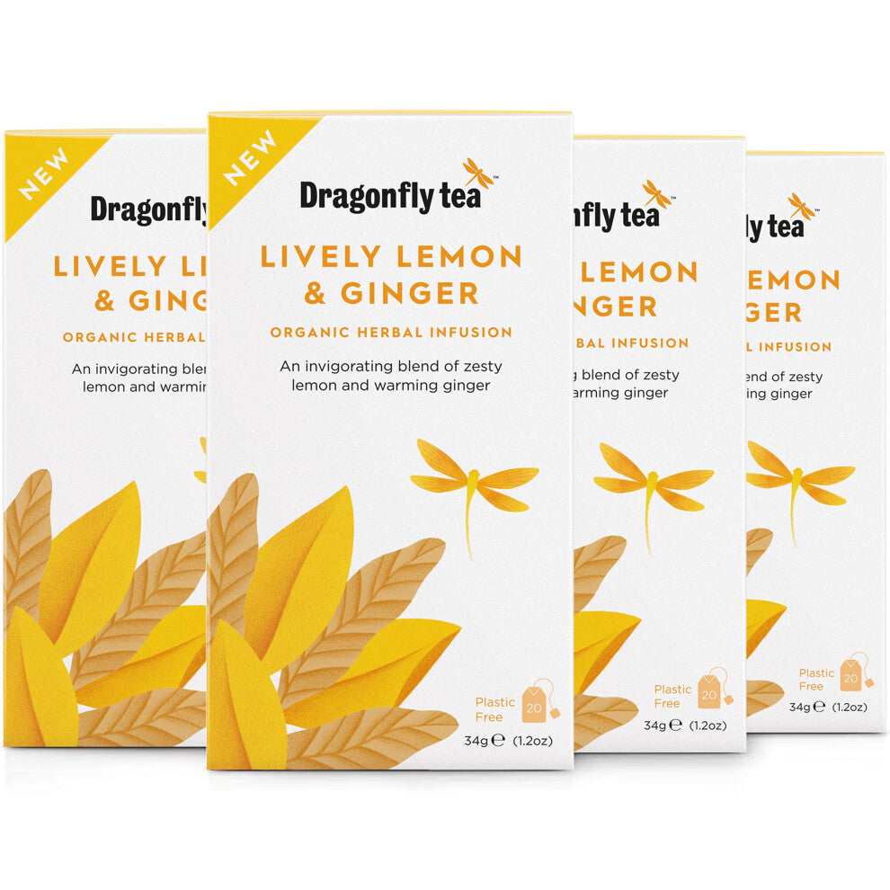 Dragonfly Lively Lemon and Ginger Tea, 4 x 20 Organic Tea Bags (80 Teabags), Warming & Zesty Lemon & Ginger Tea Bags, Invigorating Herbal Tea,