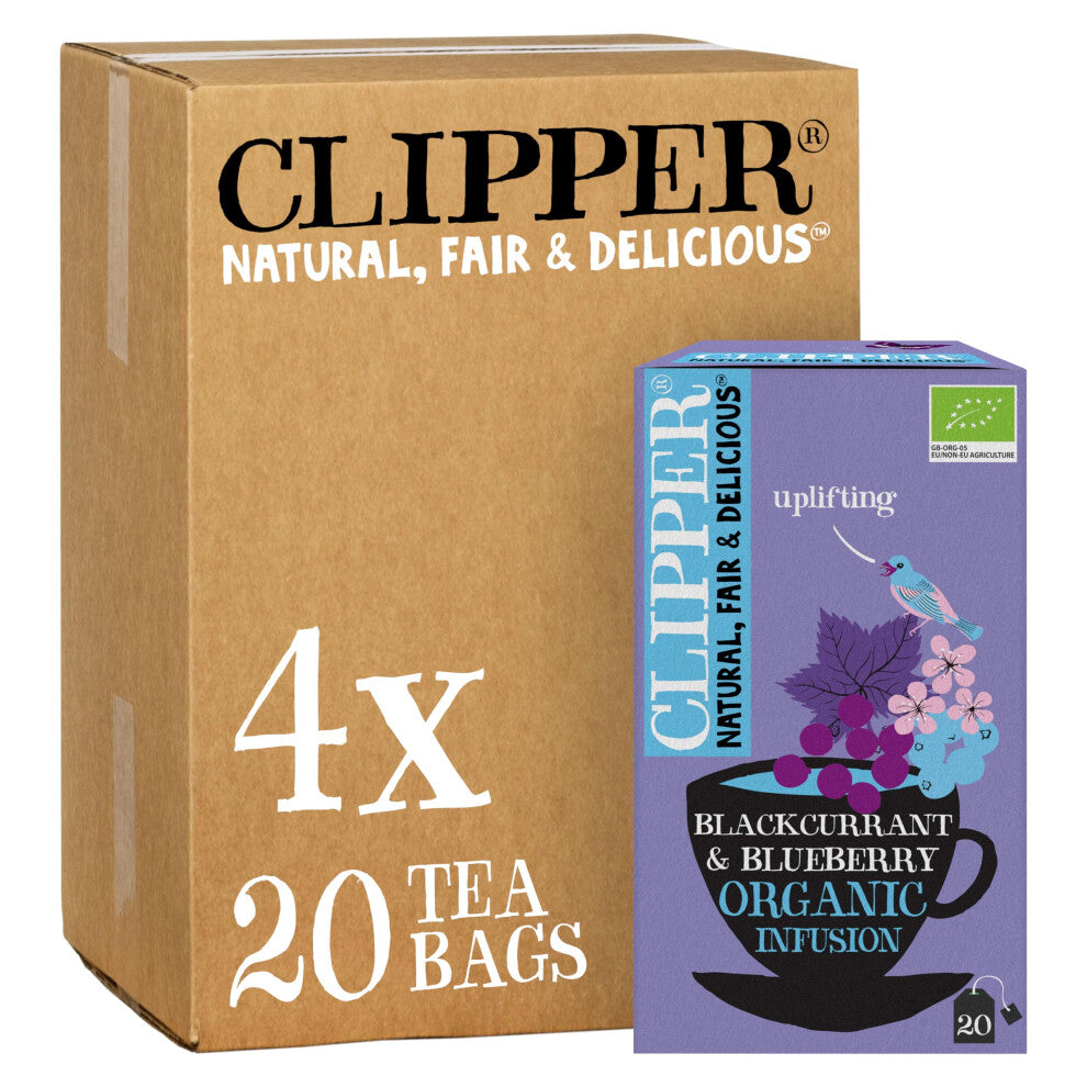 Clipper Organic Blackcurrant & Blueberry Infusion Fruit Teabags - 80 Infusions Tea Bags (4x Boxes of 20) - Caffeine-Free Herbal Tea-Natural,
