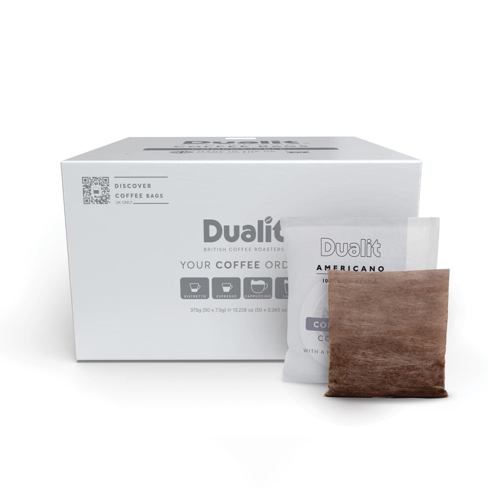50 Premium Americano Coffee Bags by Dualit - Compostable Coffee Bag with Recyclable Sachet For Easy, Mess Free Coffee On The Go - Individually Wrapped