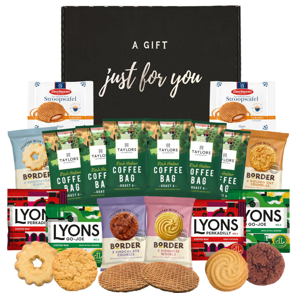 Coffee Gift Set - Coffee Bags x6, Lyons Coffee Bags x4 Bundle with Stroopwafels and Border Coffee Biscuits - Ground Coffee Gifts for Men and Women