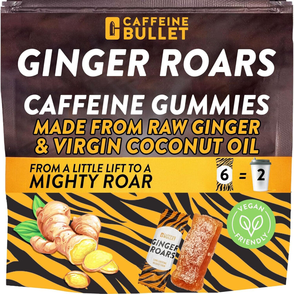 Ginger Roars - Caffeine Chews - 36 Servings Each 33mg with a Delicious Natural Flavour & Fiery hint. Plant Based Energy Shots, a Vegan Healthy Snack