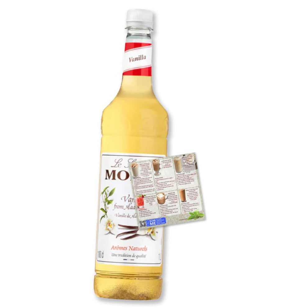 Monin Vanilla Coffee Syrup 1L for Coffee and Cocktail | Premium with Natural Flavours and Colourings | Vegan-Friendly | Includes Drink Recipe eBook