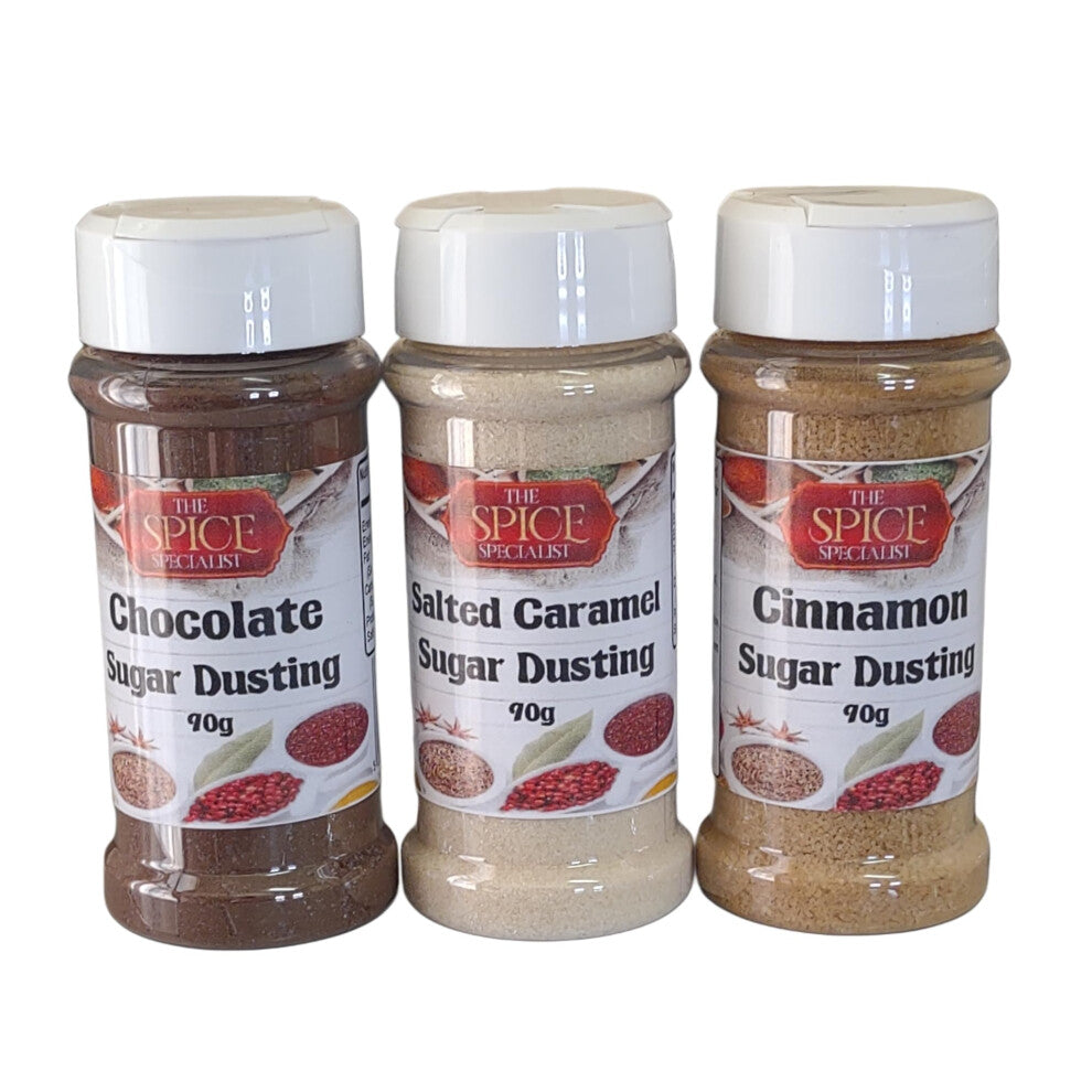 Hot Drinks Dusting Topper Flavouring Pack of 3, Chocolate 90g, Cinnamon 90g, Salted Caramel 90g - Also for Popcorn flavouring, Cupcake Duster, Icing,