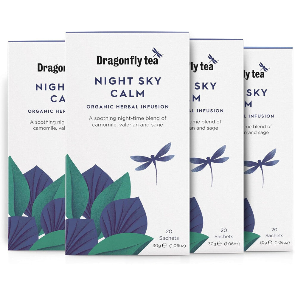 Dragonfly Night Sky Calm Tea (80 Teabags), Organic Plastic-Free Compostable Tea Bags (Pack of 4 x 20) Caffeine-Free Camomile Herbal Night Time Calming