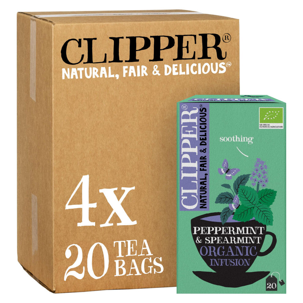 Clipper Organic Peppermint & Spearmint Infusions Fruit Teabags - 80 Infusions Tea Bags (4x Boxes of 20) - Caffeine-Free Herbal Tea-Natural,