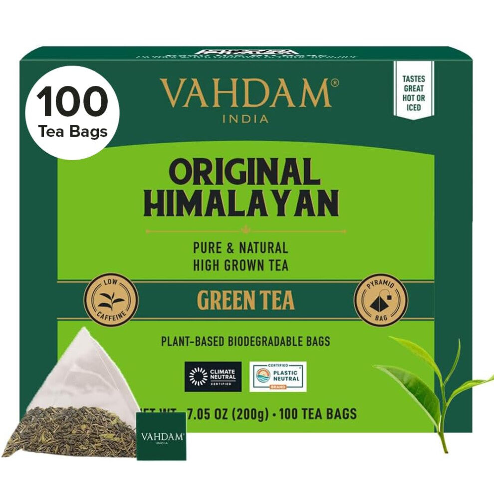 VAHDAM, Original Himalayan Green Tea (100 Count) High Grown, Non GMO, Gluten Free, Low Caffeine | Earthy & Smooth | Plant-Based Pyramid Tea Bags