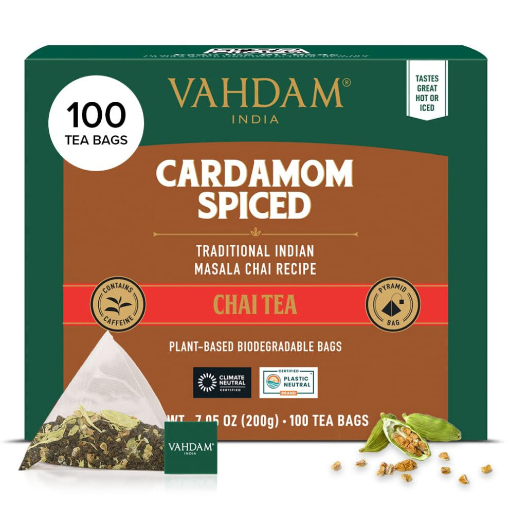 VAHDAM, Cardamom Masala Chai Tea Bags (100 Count) Non GMO, Gluten Free, No Artificial Flavor | Blended w-Exotic Spices | Chai Tea | Resealable Ziplock