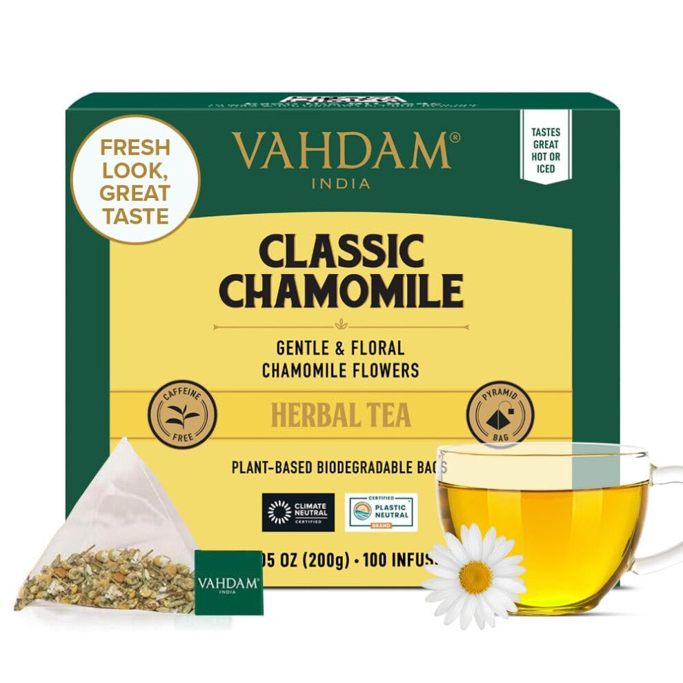 VAHDAM, Chamomile Herbal Tea (100 Pyramid Tea Bags) Resealable Ziplock Pouch | Caffeine Free, Non GMO, Gluten Free | 100% Pure Tisane - Sweet & Floral