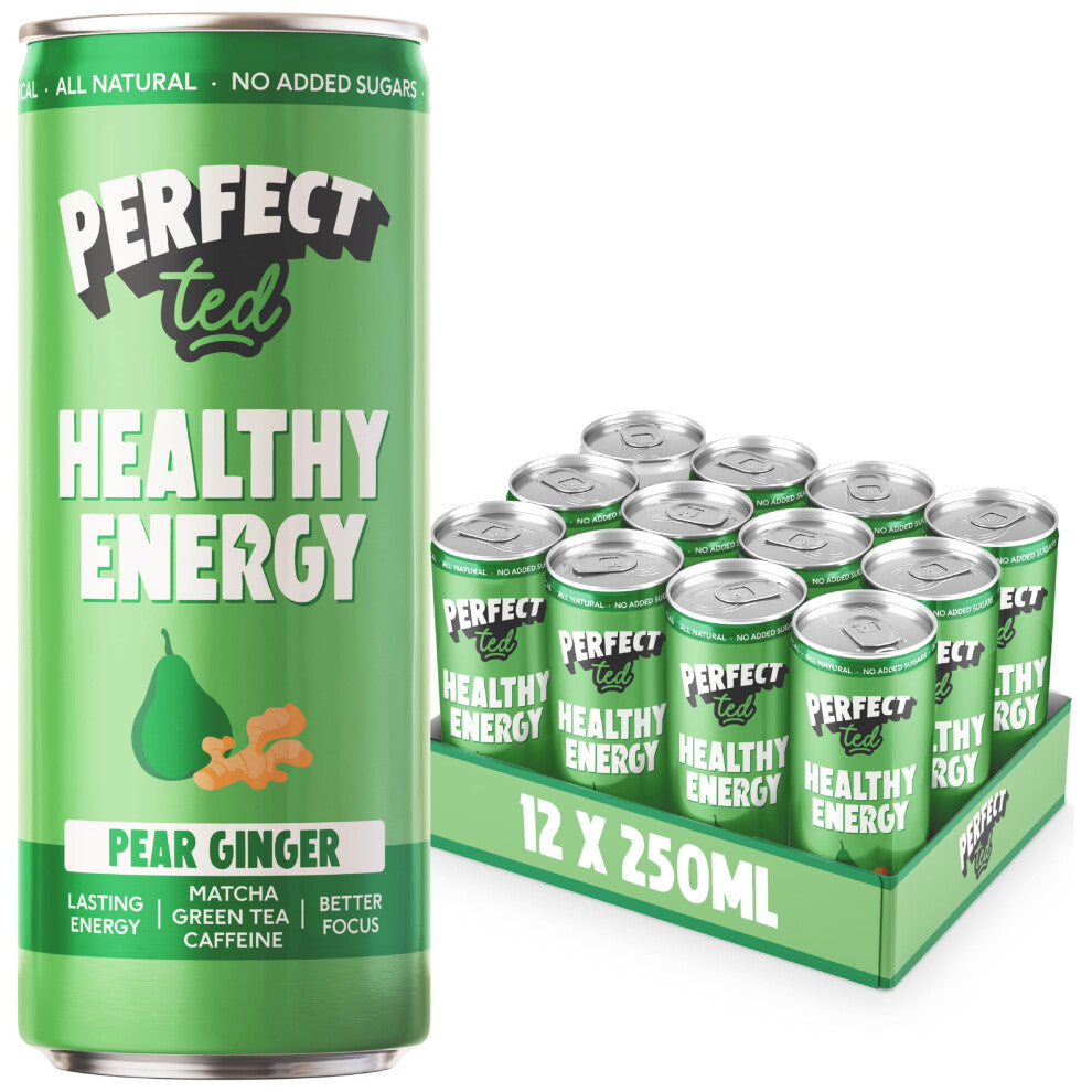 Perfect Ted Healthy Energy Drink | Pear Ginger Box of 12 x 250ml Cans | Clean Energy Drink Gift Set | All-Natural Sustained Energy | 30KCAL | 80MG