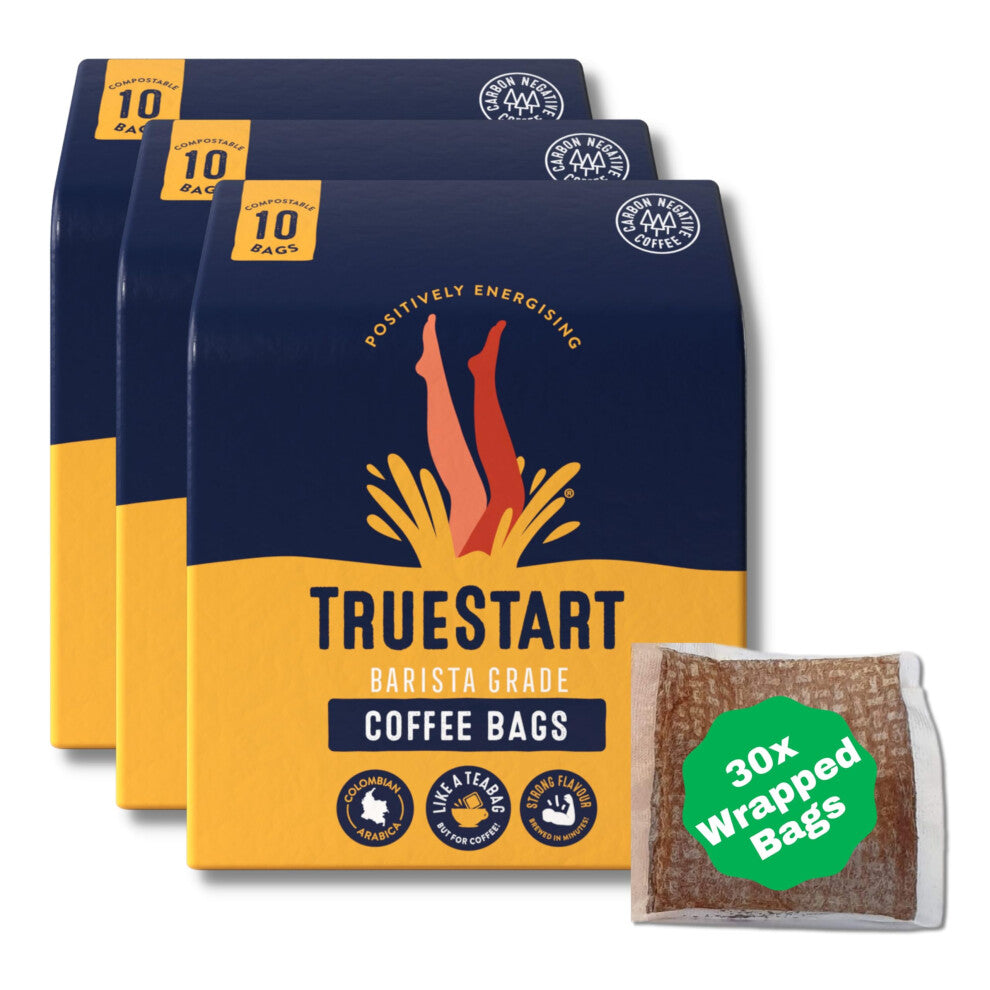 TrueStart Wrapped 30 Coffee Bags - Energising Colombian Arabica, Quick Brew Coffee, Biodegradable Bags in Recyclable Pouch