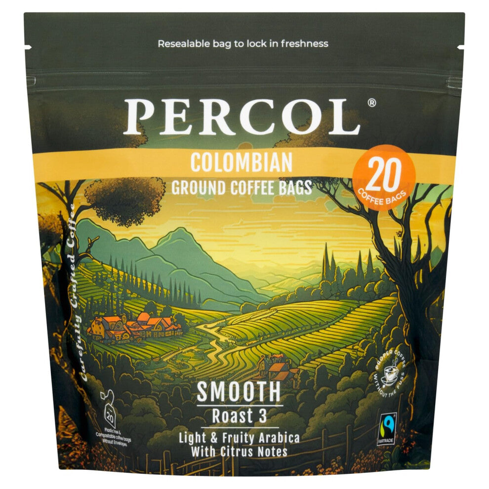 PERCOL - Colombian Loose Packed Ground Coffee Bags (80x8g), Luxury Roast & Ground, Fairtrade, Hand-Picked Arabica Beans, Single Origin, Light Roast,