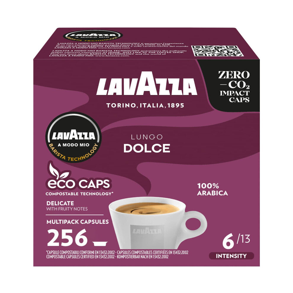 Lavazza A Modo Mio Lungo Dolce, 256 Coffee Capsules, with Aromatic Notes of Dried Fruits, for a Sweet Espresso, 100% Arabica, Intensity 6-13, Medium
