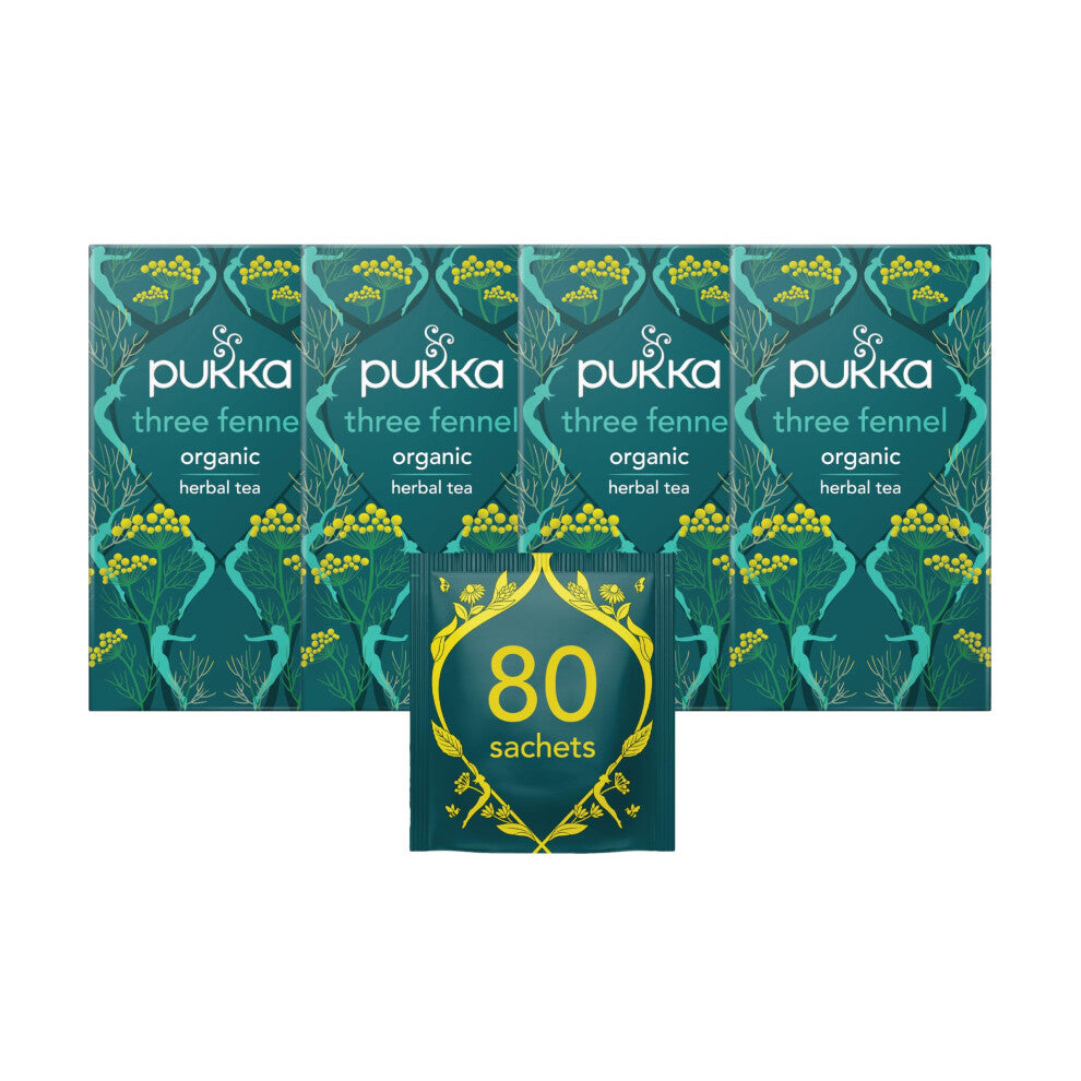 Pukka Herbs | Three Fennel Organic Herbal Tea Box | Sweet & Wild Fennel Seeds & Leaf | Ideal For Digestion | Caffeine Free | 4 Packs | 80 Plant Based