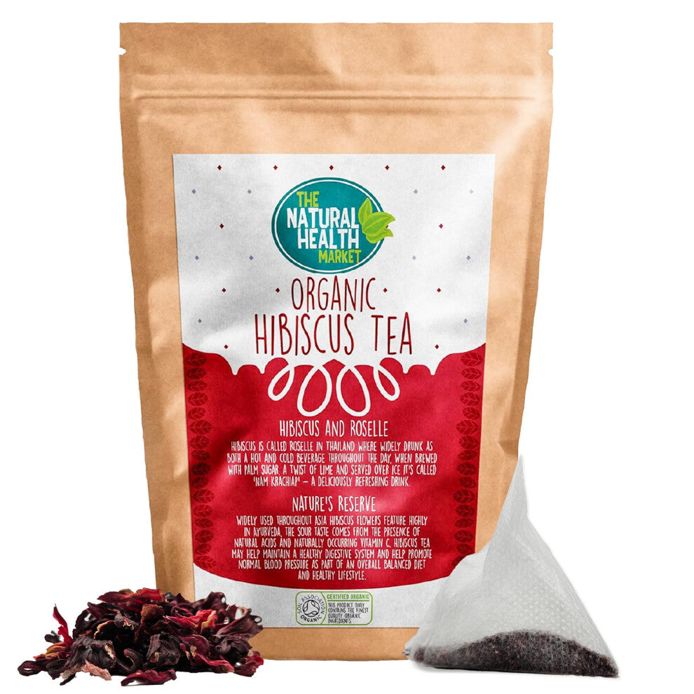 The Natural Health Market, Organic Hibiscus Tea Bags - 100 Count | 100% Natural Hibiscus Powder | Made in Britain | Soil Association Certified Organic