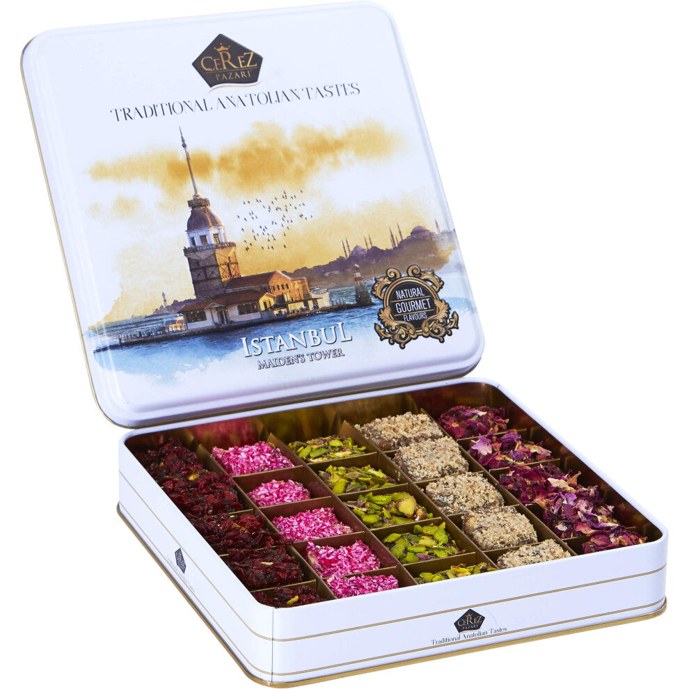 Cerez Pazari Turkish Delight Assorted Gourmet Candy Dessert Gift Box for Christmas, Easter, Mothers Day, Birthday Fantastic Rose, Pomegranate,