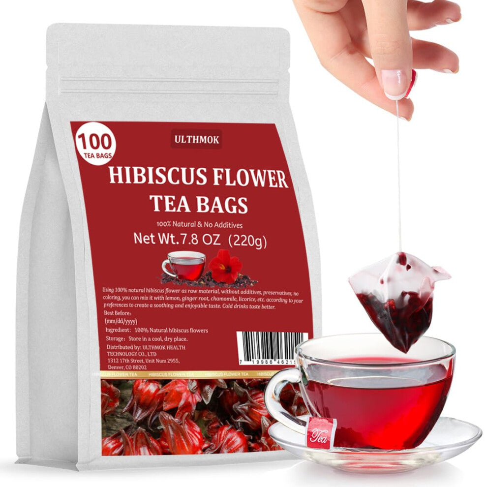 ULTHMOK Premium Hibiscus Tea Bags,100 Tea Bags-7.06 Oz,100% Pure Dried Hibiscus Flower,Natural & No Additives,Caffeine Free.