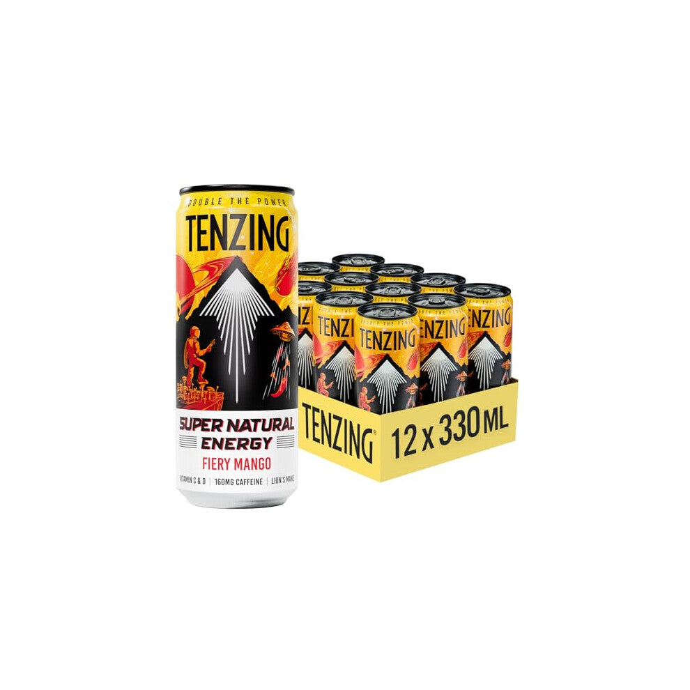 TENZING Super Natural Energy Drink, Fiery Mango, 160MG Caffeine, Vitamin D, Magnesium, Mushrooms, Plant Based, Vegan, & Gluten Free, 330ml (Pack of