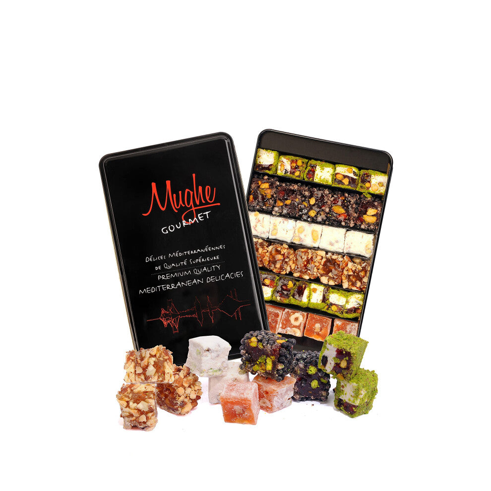 Mughe Gourmet Luxury Sultan Pistachio Turkish Delight Candy Elegant Gift Tin Box - 1.44lb-650g - Lokum Delights Orange, Hazelnut, Almonds - Perfect