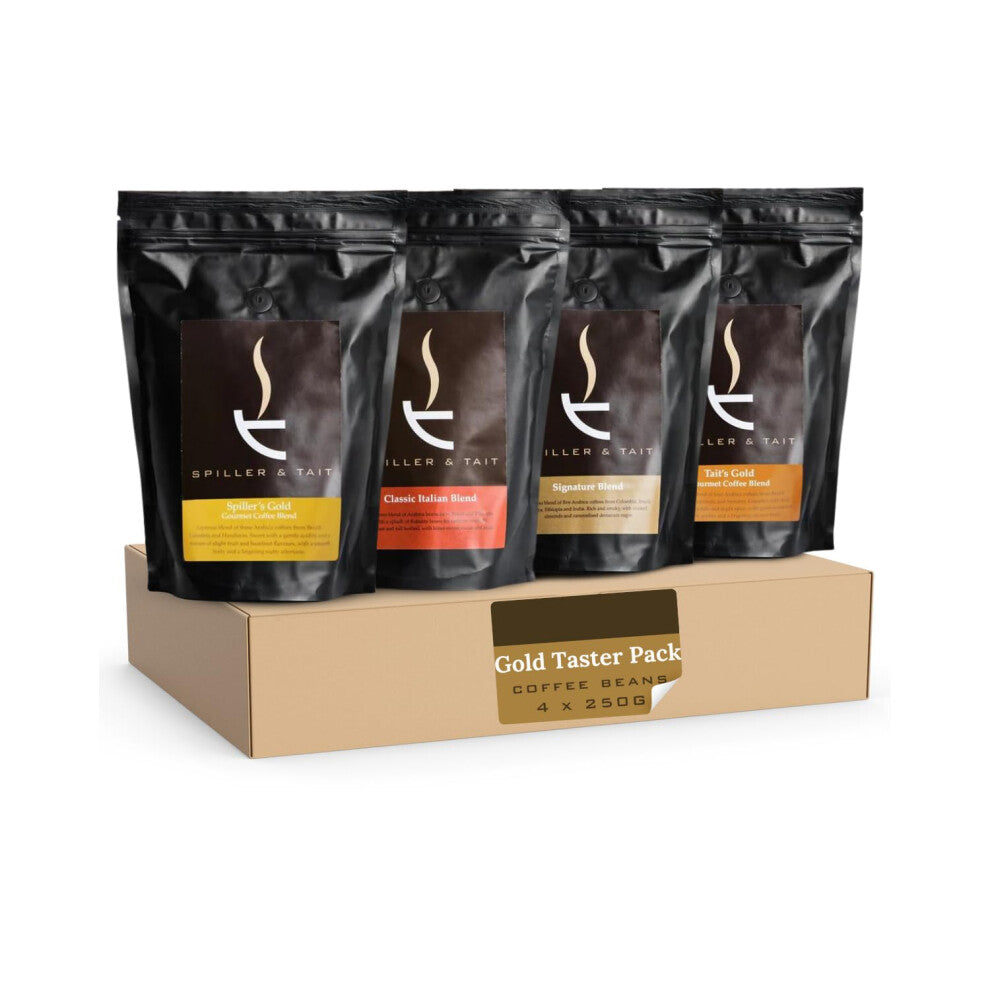Spiller and Tait Gold Taster Pack Coffee Beans Set - Signature Blend, Spiller?s Gold, Tait?s Gold & Classic Italian - 4x250g Bags - Medium-Strong