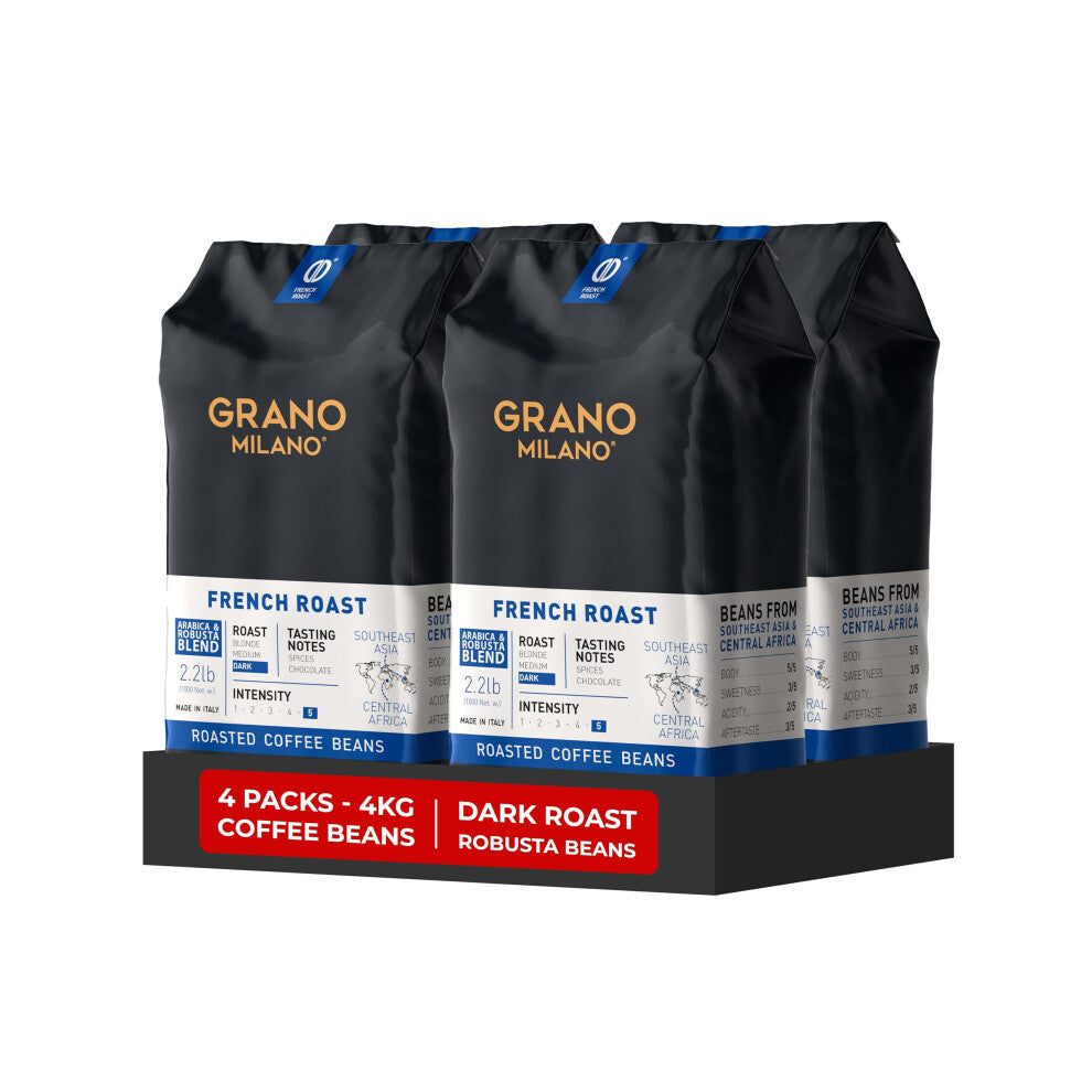 Grano Milano Coffee Beans 4kg (4 x 1kg Bags) French Roast Robusta Blend, Dark Roast, Intensity 10-10 Extra Strong Coffee, Made in Italy