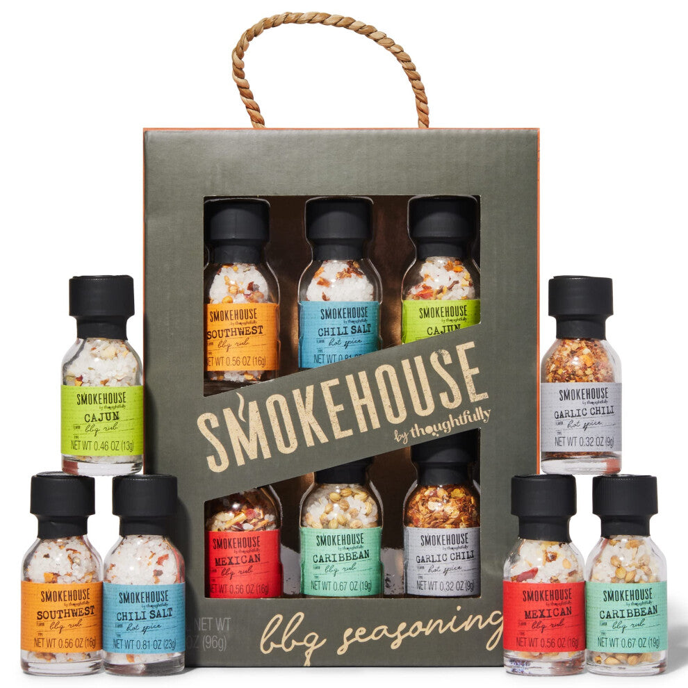 Smokehouse by Thoughtfully, BBQ Seasoning Collection, 6 Pack, Flavours Include Southwest BBQ Rub, Chilli Salt, Cajun BBQ Rub, Mexican BBQ Rub, Garlic