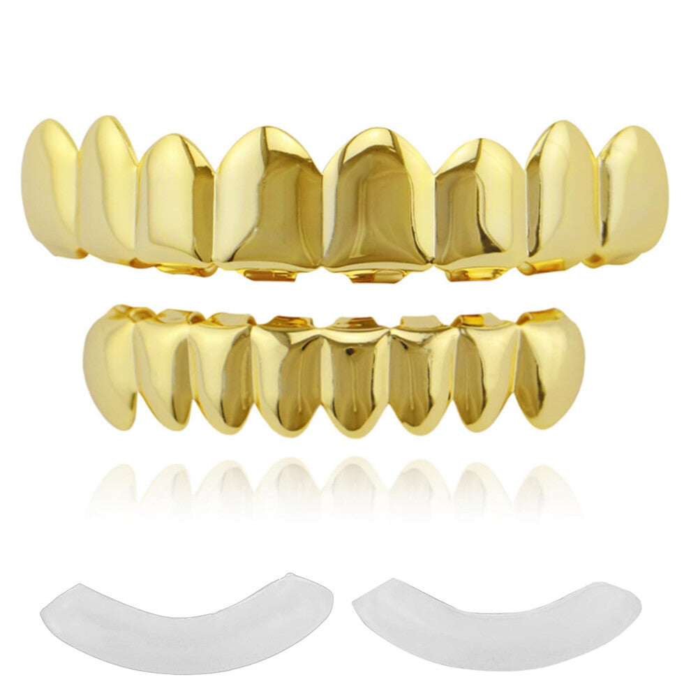 16 Pieces 18K Gold Plated Gold Finish Gold Teeth Grillz  8 Upper Teeth + 8 Lower Teeth Hip Hop Mouth Grills Fang with Adhesive Molding Strips for Men