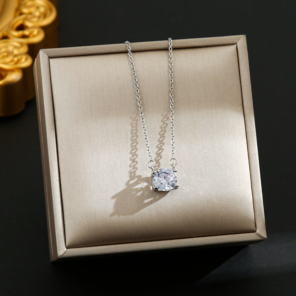 (8357-Single Diamond four-prong necklace - Silver) Silver titanium steel necklace for women, ins style, niche and versatile, popular collarbone chain