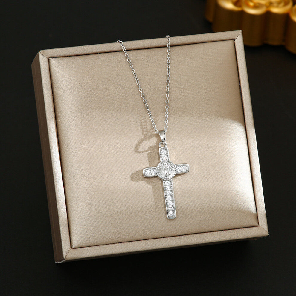 (8360-A silver cross full of diamonds) Silver titanium steel necklace for women, ins style, niche and versatile, popular collarbone chain