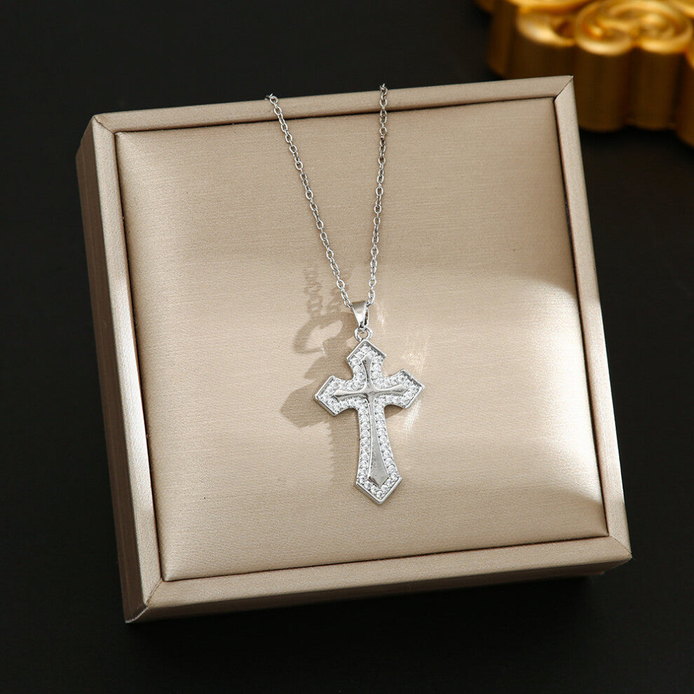 (8361-A silver cross full of diamonds) Silver titanium steel necklace for women, ins style, niche and versatile, popular collarbone chain
