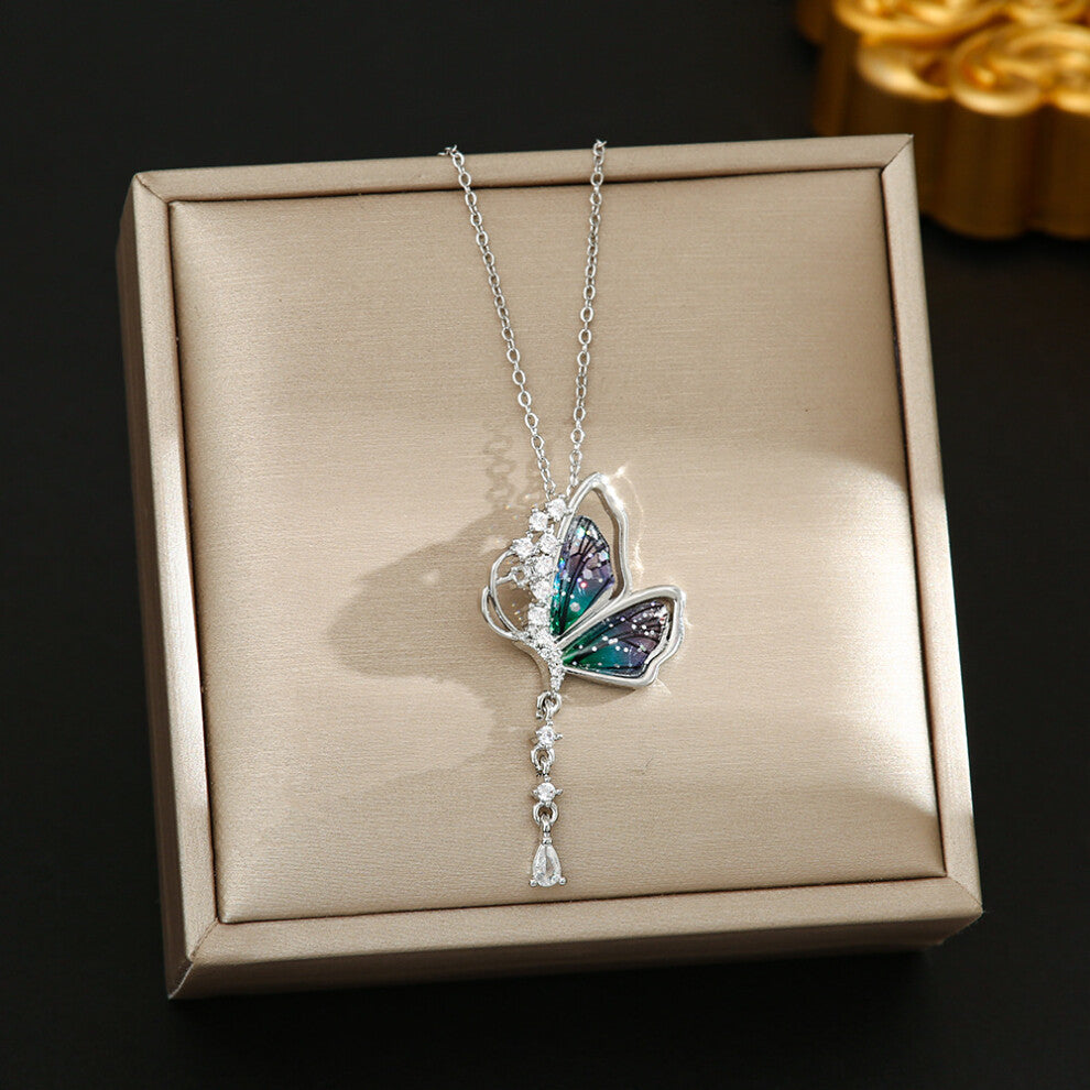 (8386-Silver tassel butterfly) Silver titanium steel necklace for women, ins style, niche and versatile, popular collarbone chain