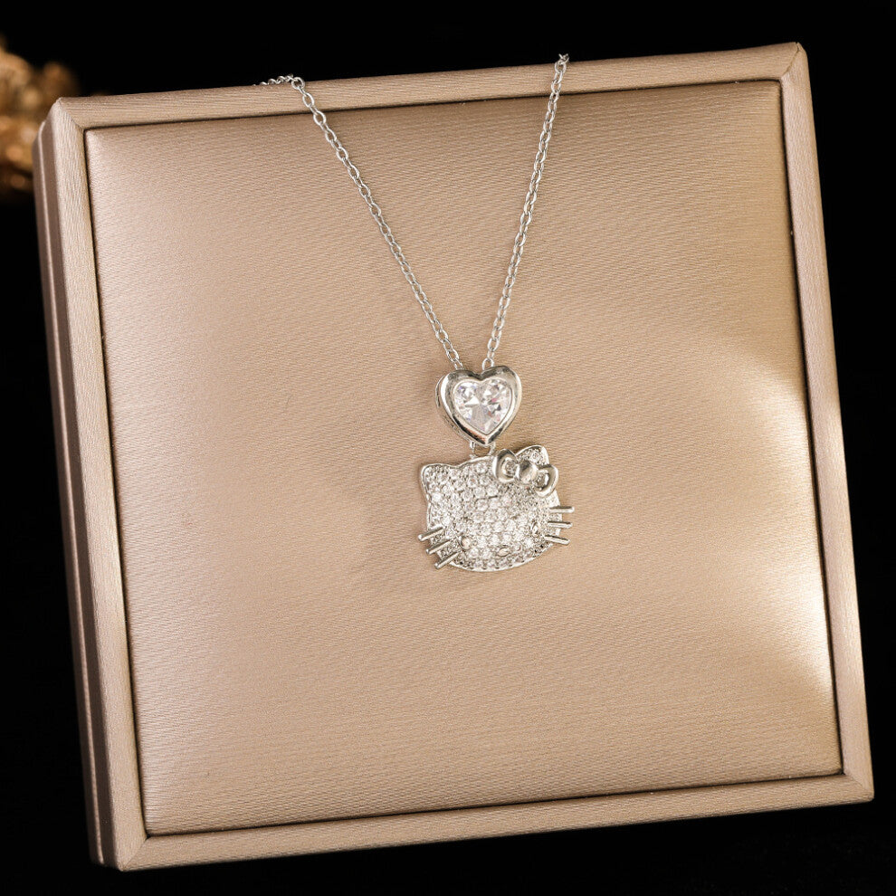 (8446-Silver heart-shaped cat) Silver titanium steel necklace for women, ins style, niche and versatile, popular collarbone chain