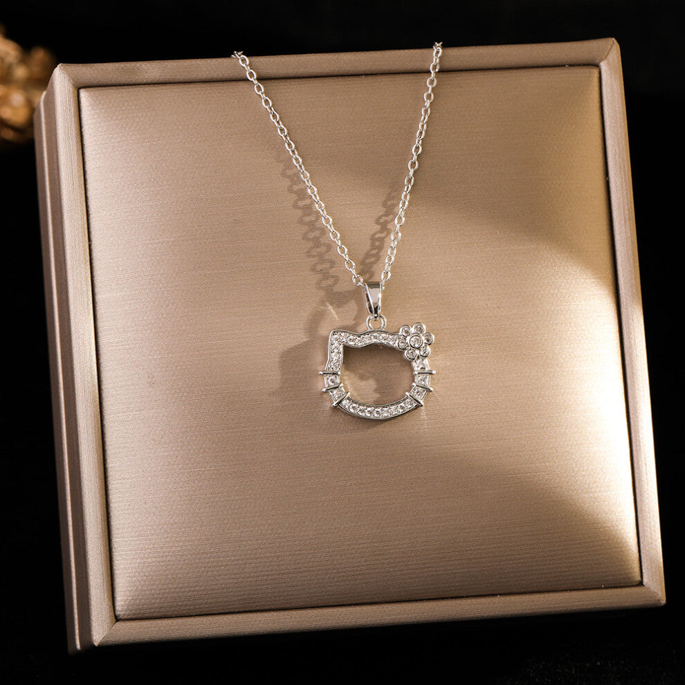 (8448-Silver KT cat) Silver titanium steel necklace for women, ins style, niche and versatile, popular collarbone chain