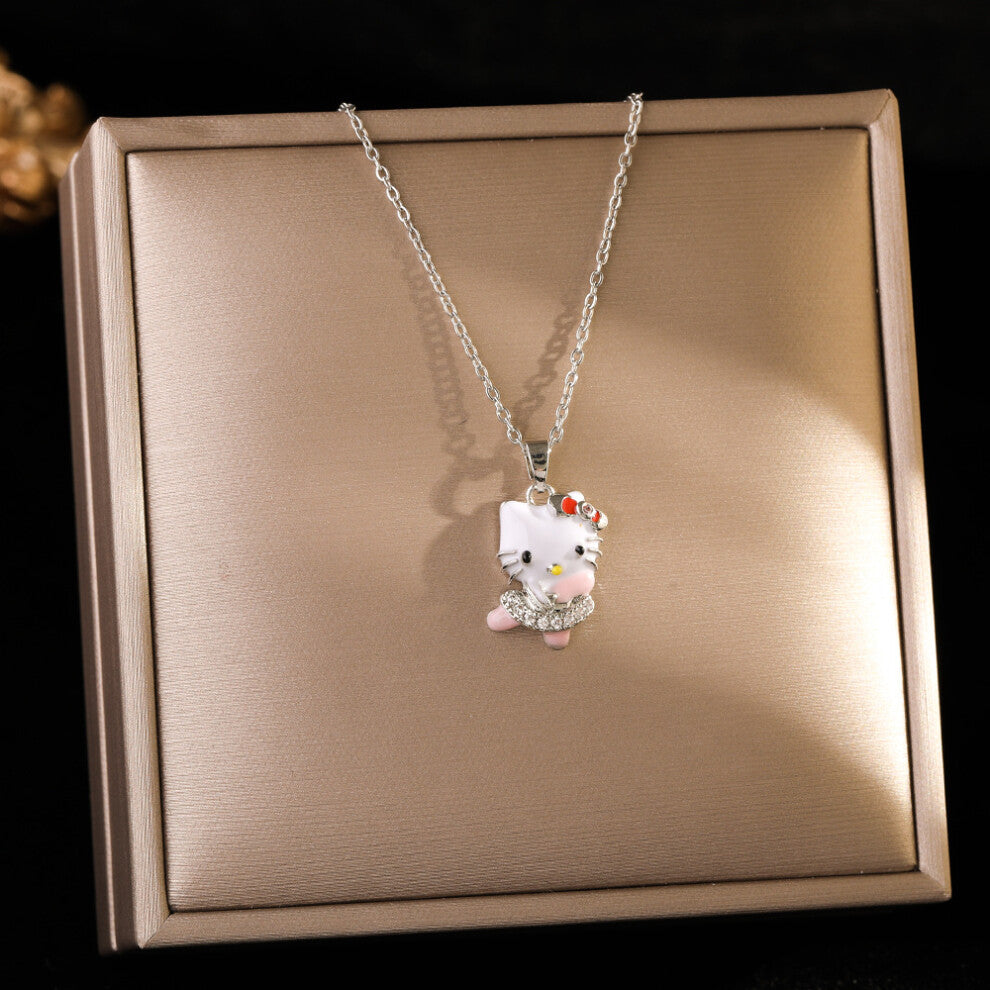 (8449-Silver oil-dripping cat) Silver titanium steel necklace for women, ins style, niche and versatile, popular collarbone chain